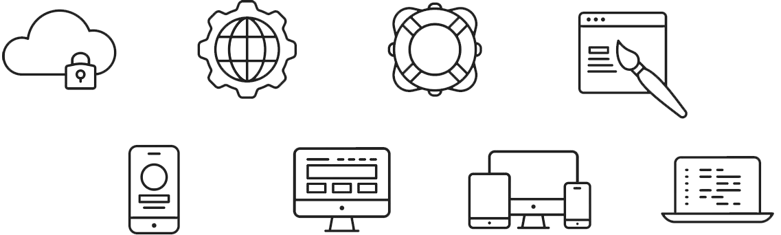 grid of eight icons depicting various aspects of web development
